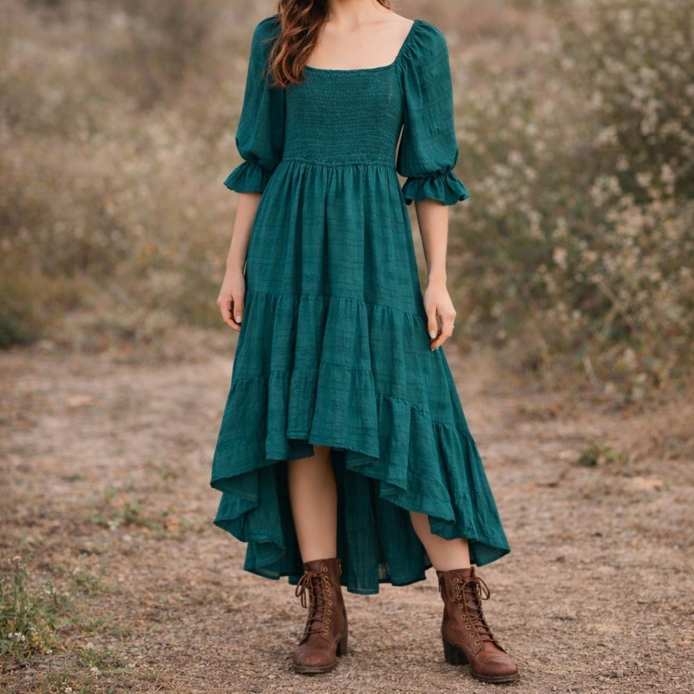 Joyfolie Mia Joy Smocked Midi Dress Sz XXS Green Prairie Cottagecore Puff Sleeve